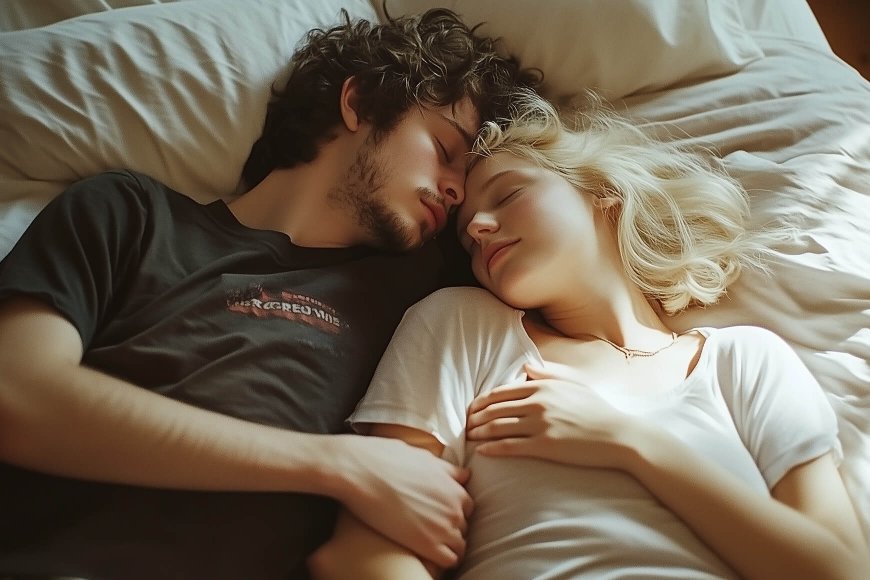 Giovane donna dai capelli castani e un uomo con maglia marrone, sdraiati vicini in uno spazio luminoso. La donna guarda a sinistra, mentre l'uomo osserva verso di lei.
