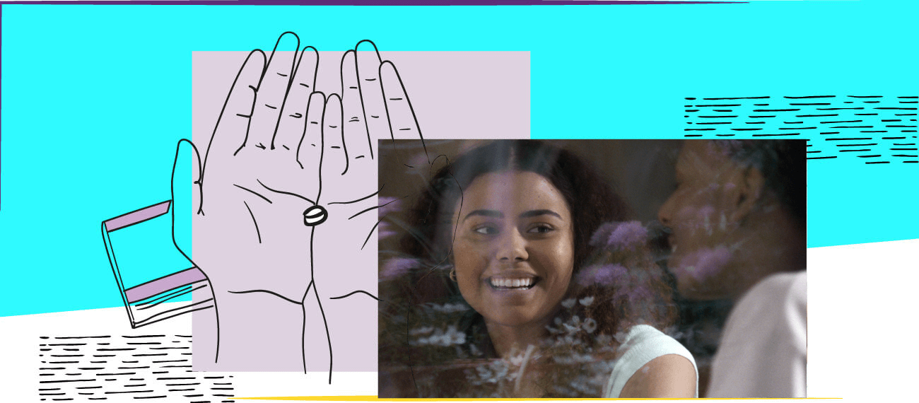 donna sorridente e la illustratione die due mani tenendo una pillola