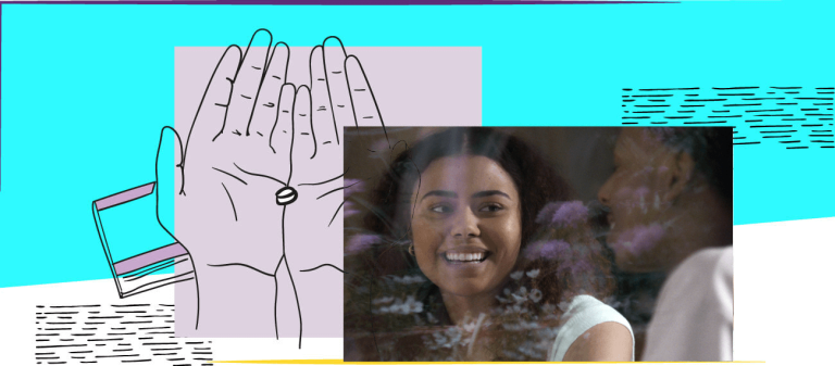 donna sorridente e la illustratione die due mani tenendo una pillola