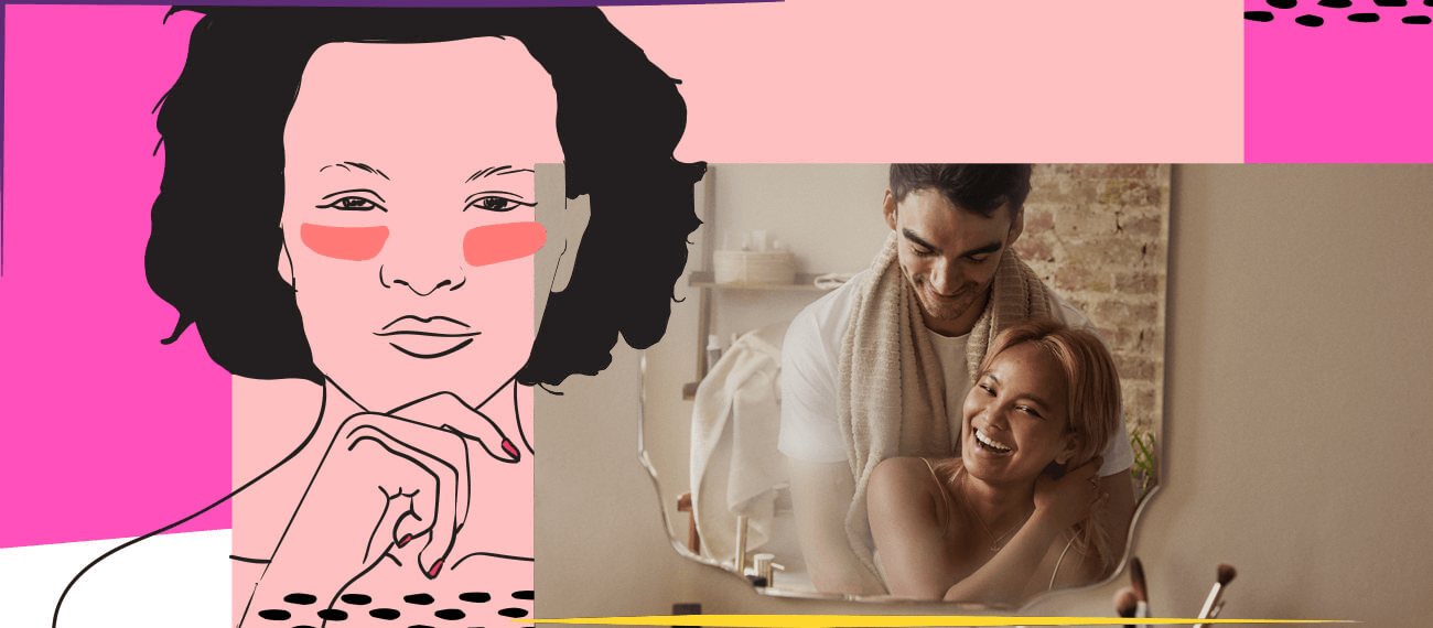 illustrazione di una donna e un'immagine di una coppia che si coccola